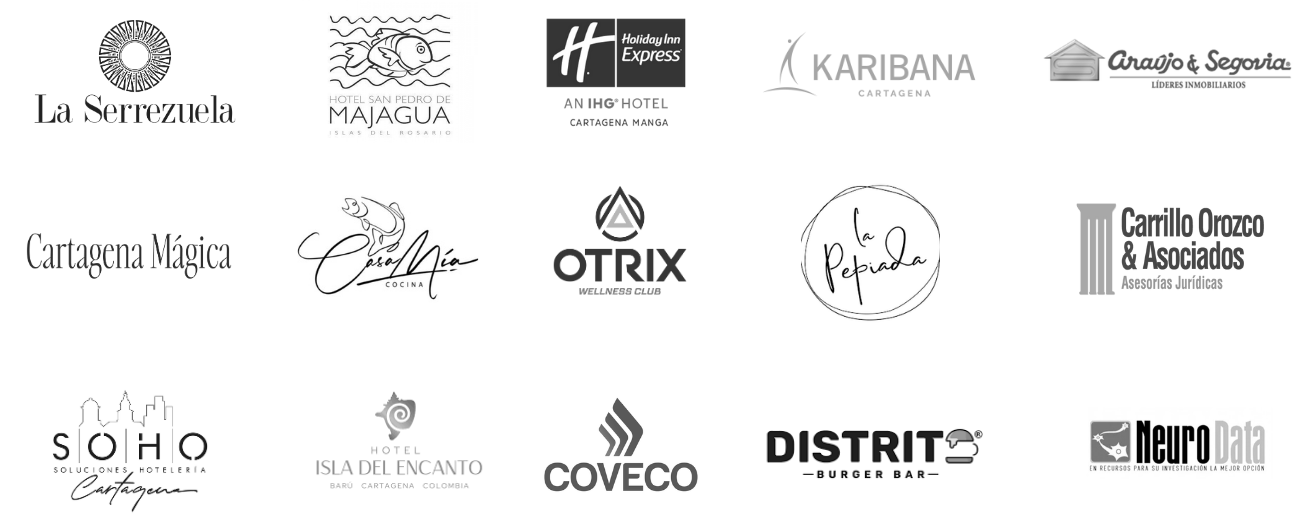 Logos de clientes de Hunter Agencia como La Serrezuela, Karibana, y Holiday Inn